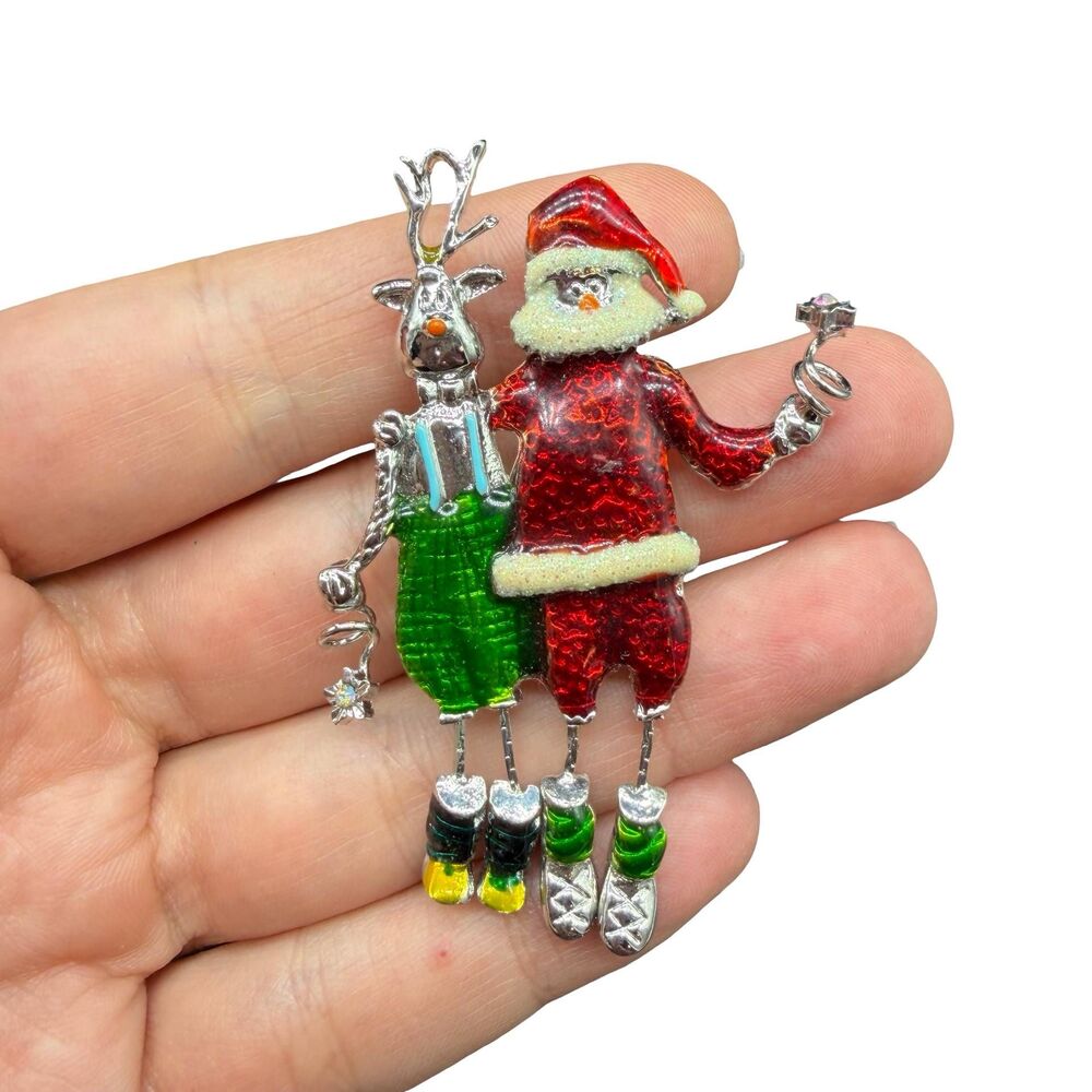 Vintage Christmas Santa & Reindeer Brooch | Dangling Legs Pin | Enamel Holiday J